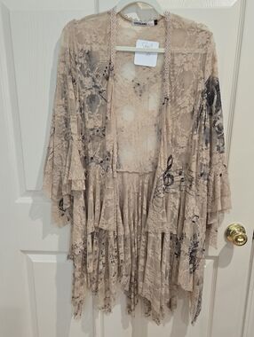 Origami Boho Lace Duster Kimono with Musical Graphics NWT